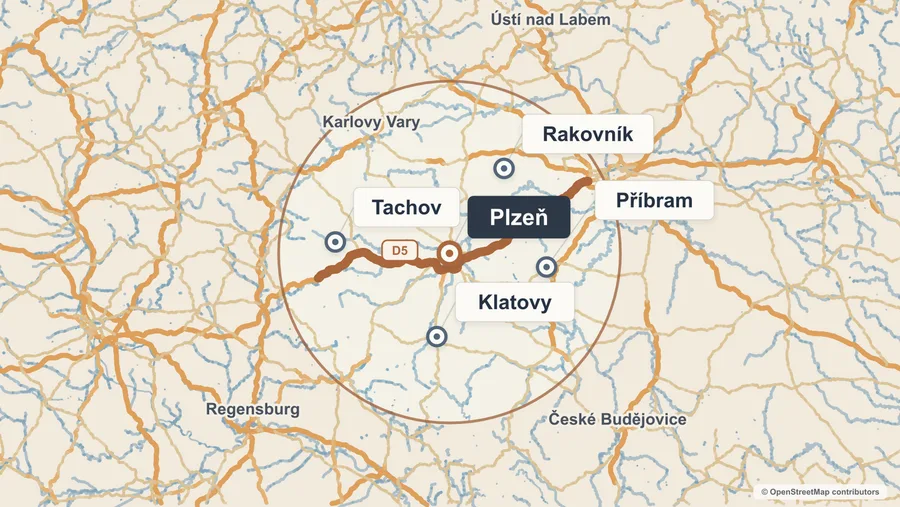 Mapa oblasti, kde dělám instalatérské práce v Plzni a okolí